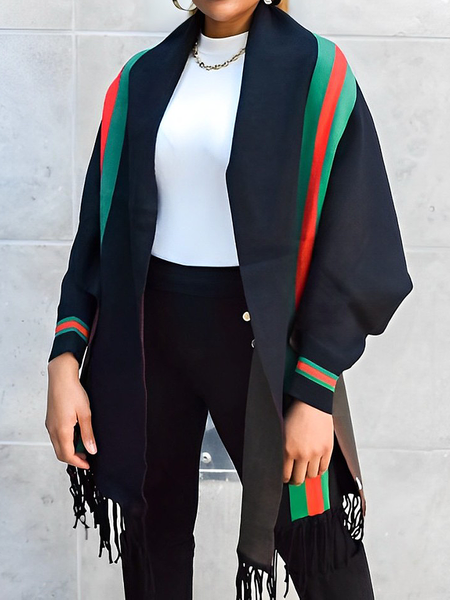 

High Elasticity Color Block Loose Long Sleeve Dolman Sleeve Wrap Casual Cardigan Sweater, Black, Cardigans