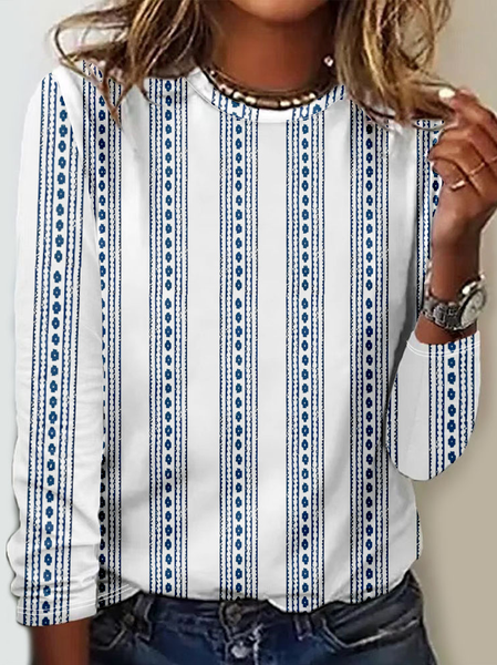 

Casual Striped Crew Neck Long Sleeve T-shirt, Blue, T-shirts