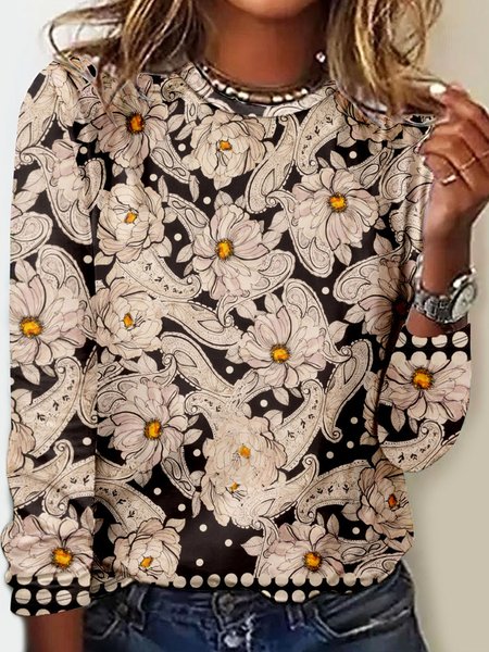 

Vintage Floral Crew Neck Long Sleeve T-shirt, Black, T-shirts