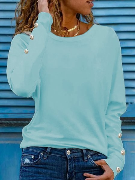 Casual Abstract Crew Neck Long Sleeve T-shirt, Aqua blue, Blouses