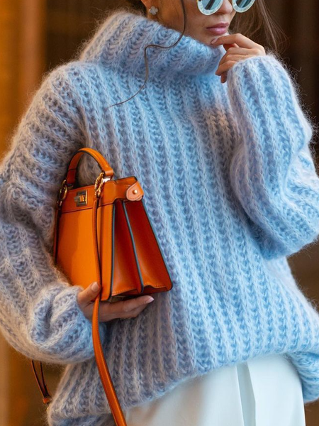 Women Yarn/Wool Yarn Plain Long Sleeve Comfy Casual Sweater, Lake blue, Sweaters