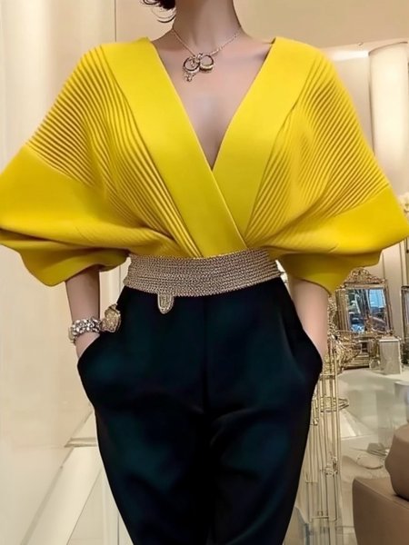 Loosen Cross Neck Balloon Sleeve Casual Sweater, Yellow, Pullovers
