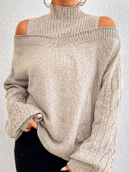 

Turtleneck Balloon Sleeve Plain Wool/Knitting Casual Sweater, Apricot, Sweaters & Cardigans