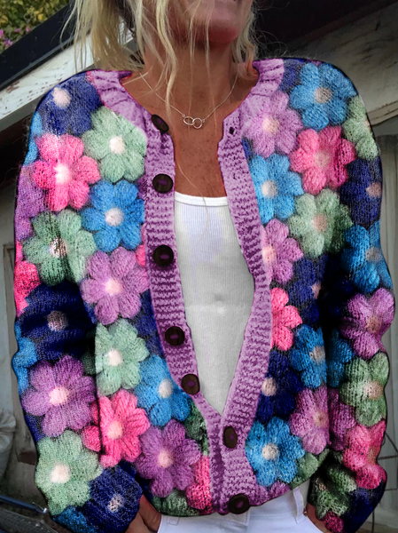 3D Printing Floral Knitted Crew Neck Casual Cardigan, Rose red, Cardigans