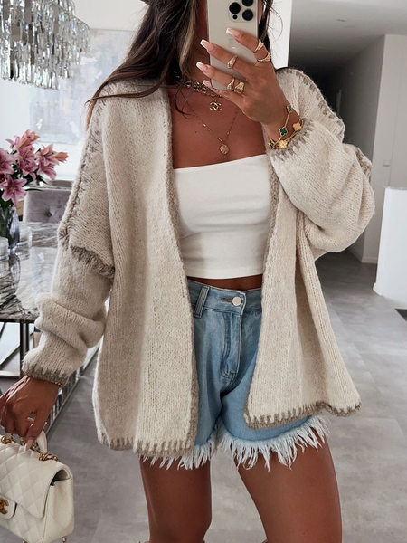 

Women Wool/Knitting Color Block Long Sleeve Comfy Casual Cardigan, Apricot, Sweaters