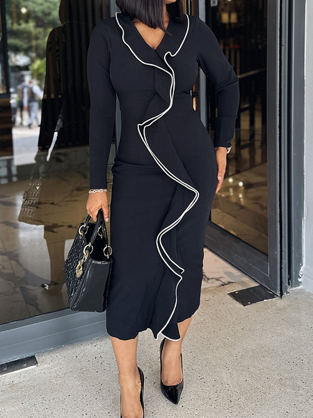 Tight Medium Elasticity V Neck Long Sleeve Regular Sleeve Elegant Midi Dress, Black, Midi Dresses