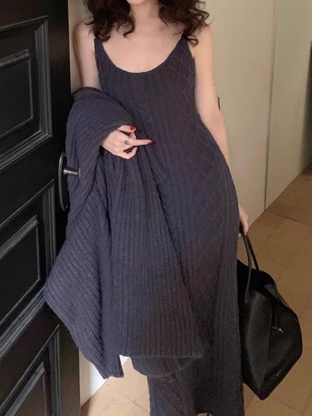 Regular Fit Spaghetti Casual Sweater Dress, Deep gray, Midi Dresses