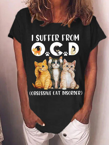 

Casual Cat Crew Neck Short Sleeve T-shirt, Black, T-shirts