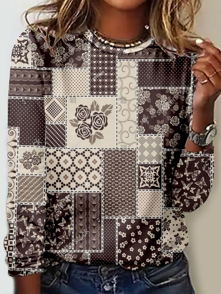 

Casual Geometric Crew Neck Long Sleeve T-shirt, Khaki, T-shirts