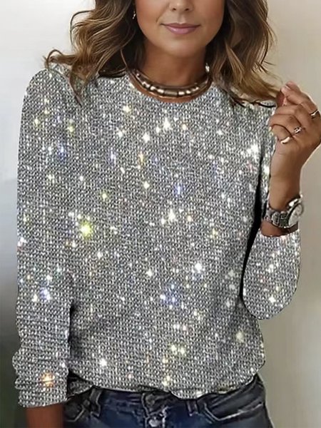 

Casual Holiday Sequin Pattern Crew Neck Long Sleeve T-shirt, Silver, T-shirts