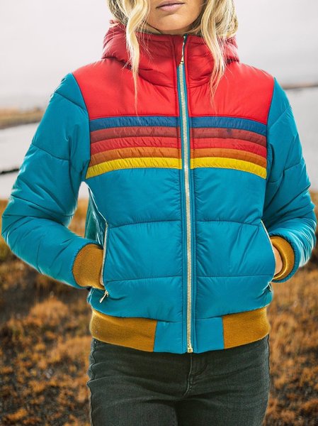 

Women's Striped Zip Up Hoodie Pocket Stitching Heavyweight Loose Padded Jacket, Multicolor, Outerwear