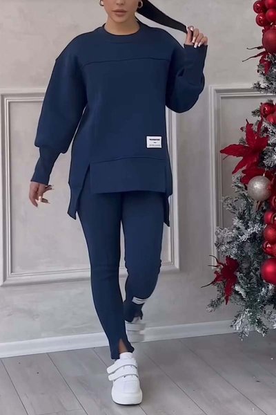Loose Plain Casual Two-Piece Set, Blue, Suits