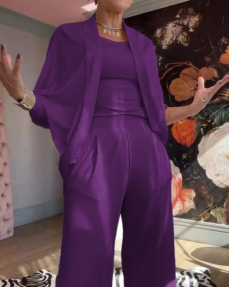 Women Plain V Neck Long Sleeve Comfy Casual Matching Outfit, Purple, Sets