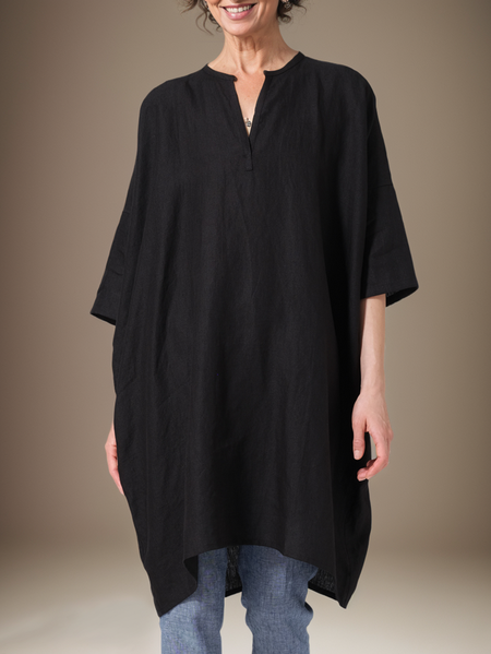 Linen Linen Plain V Neck Blouse, Black, Short/3/4 Length Sleeve
