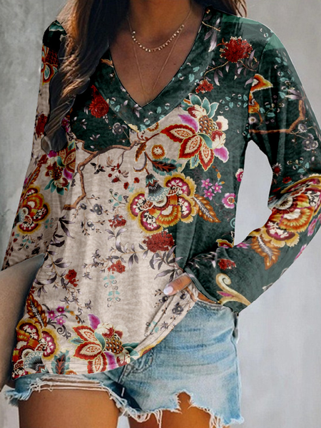 

Vintage Floral V Neck Long Sleeve T-shirt, Green, T-shirts