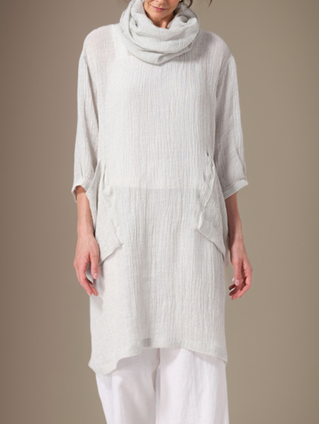 Cotton And Linen Turtleneck Plain Linen Blouse, White, Short/3/4 Length Sleeve