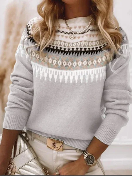 

Ethnic Geometry Casual Loose Wool/Knitting Sweater, Light gray, Sweaters & Cardigans