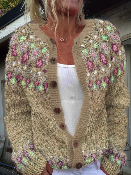 

Ferman Island Geometric Button Sweater Cardigan, Brown, Cardigans