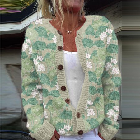 

Vintage Water Lily Art Knitted Sweater Cardigan, Apricot, Cardigans