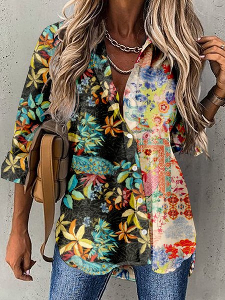 

Shirt Collar Long Sleeve Floral Buttoned Regular Loose TUNIC Shirt For Women, Multicolor, Shirts