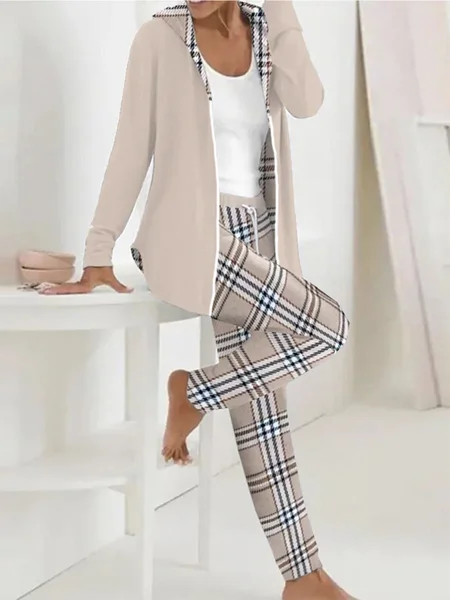

Women Plaid Hoodie Long Sleeve Comfy Casual Coat With Pants Two-Piece Set, Light khaki, Sets