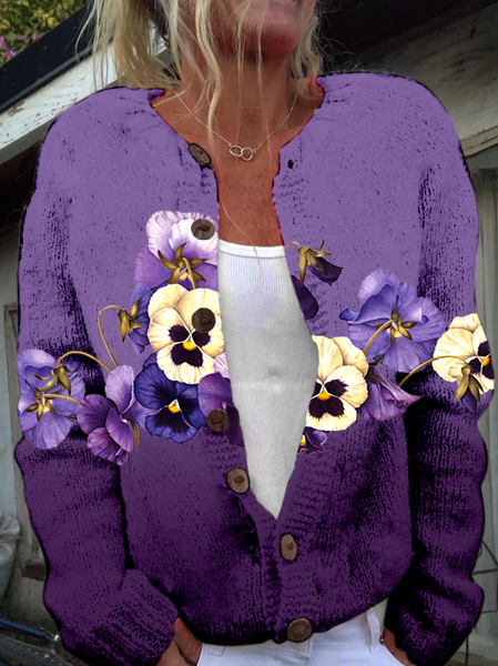 

Floral Knitted Casual Crew Neck Cardigan, Purple, Cardigans