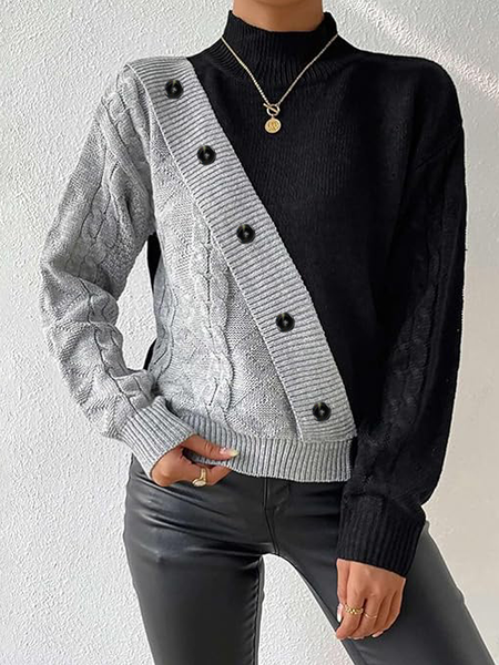

Medium Elasticity Casual Regular Sleeve Mock Neck Long Sleeve Asymmetric Loose Sweater, As picture, Pullovers