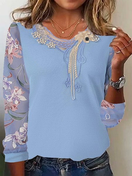 

Crew Neck Long Sleeve Floral Regular Micro-Elasticity Loose Blouse For Women, Blue, Blouses