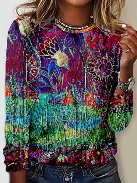 

Casual Loose Crew Neck Abstract T-Shirt, Purple, Long sleeves