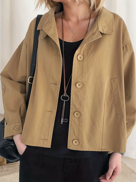 

Shawl Collar Plain Loose Linen Jacket, Khaki, Outerwear