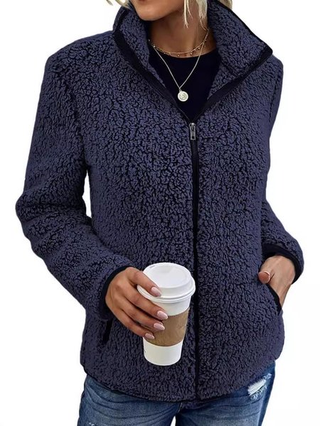 

Stand Collar Loose Casual Teddy Jacket, Navyblue, Outerwear