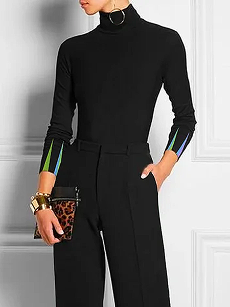 

High Elasticity Turtleneck Long Sleeve Urban Regular Sleeve Geometric Tight T-Shirt, Black, Tees