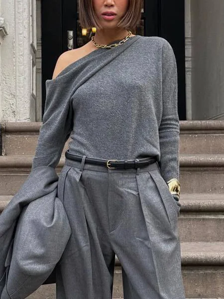 

Plain Urban Loose Cold Shoulder Sweater, Gray, Pullovers