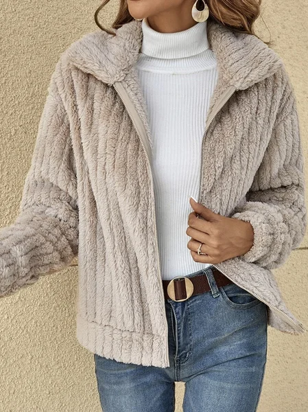 

Casual Shawl Collar Zipper Plain Teddy Jacket, Khaki, Outerwear