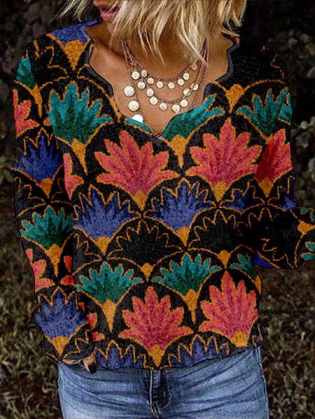 

Vintage Ethnic Geometry V Neck Long Sleeve T-shirt, Multicolor, T-shirts