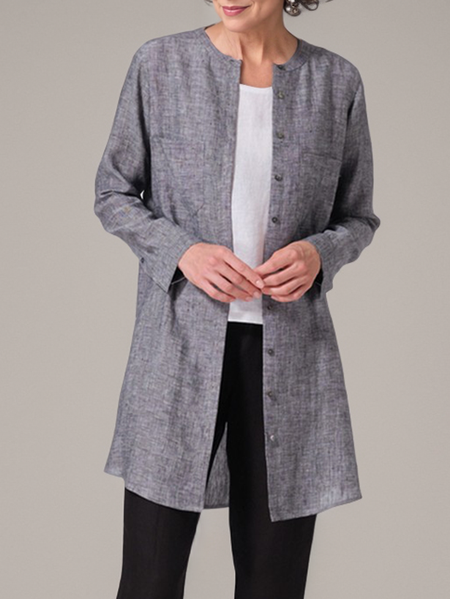 Linen Crew Neck Shirt, Blue, Blouses & Shirts