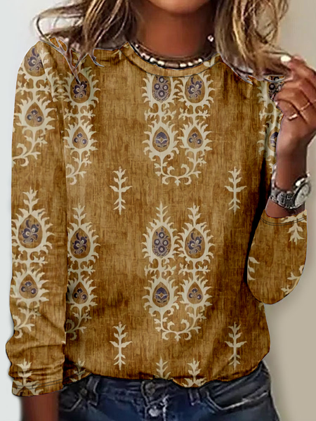 

Casual Ethnic Crew Neck Long Sleeve T-shirt, Khaki, T-shirts