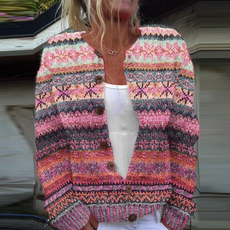 

Vintage ethnic snowflake button sweater cardigan, Pink, Cardigans