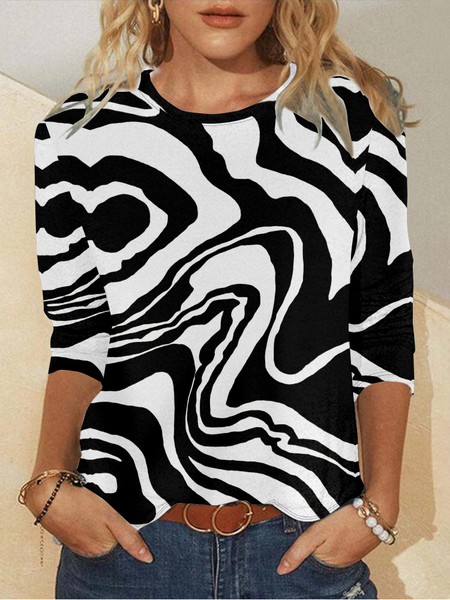 

Casual Abstract Crew Neck Long Sleeve T-shirt, Black, T-shirts