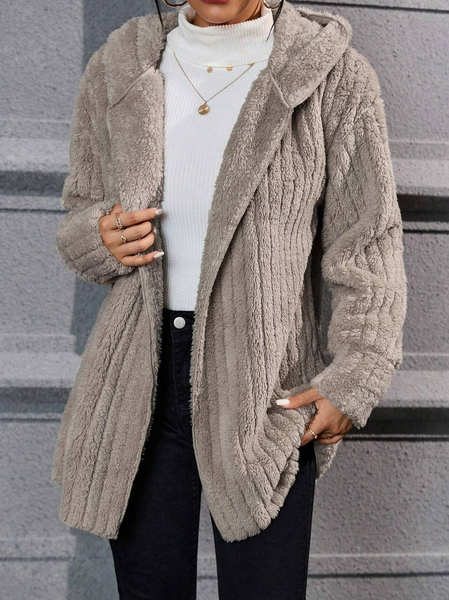 

Women's Plain Heavyweight Loose Fleece Teddy Jacket, Khaki, Coats