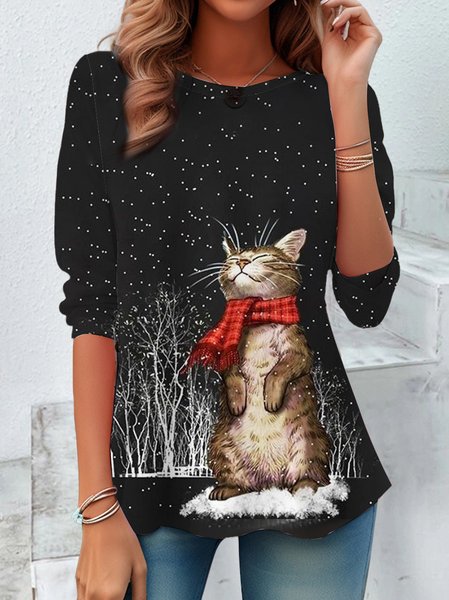 

Women's Long Sleeve Tee T-shirt Spring/Fall Cat Printing Jersey Crew Neck Daily Going Out Casual Top, Black, T-Shirts