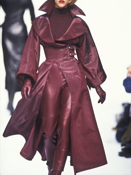 

Urban Plain Lapel Collar Regular Sleeve Trench Coat With Belt, Red, Trench Coats