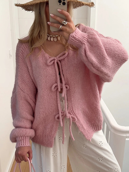 Women Yarn/Wool Yarn Plain Long Sleeve Comfy Casual Sweater, Pink, Sweaters