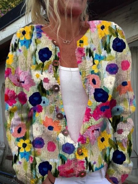 

Floral Casual Loose Buttoned Cardigan, Multicolor, Cardigans