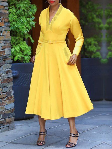 

Elegant Plain V neck Elegant Regular Fit Dress With Belt, Yellow, Midi Dresses