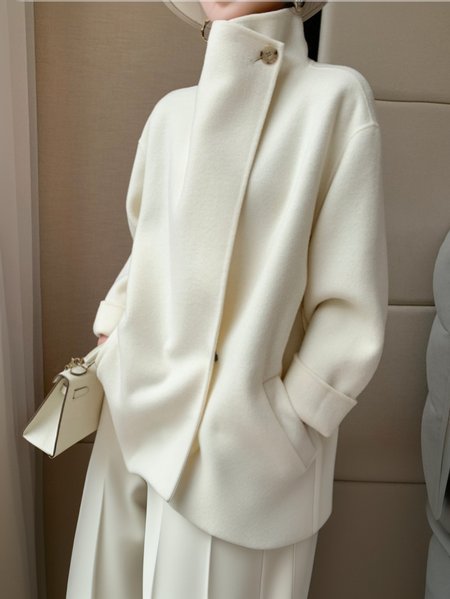 

Raglan Sleeves Woolen Others Urban Coat, White, Coats