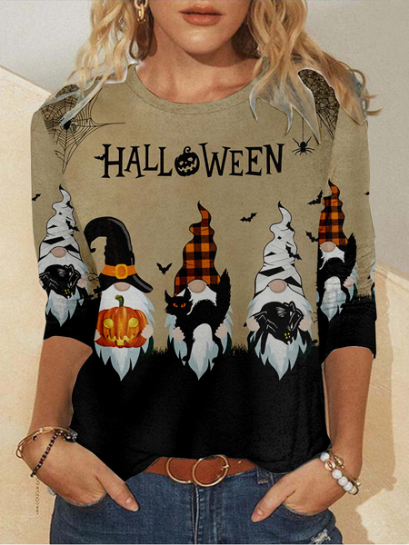 Casual Halloween Crew Neck Long Sleeve T-shirt, Khaki, T-shirts