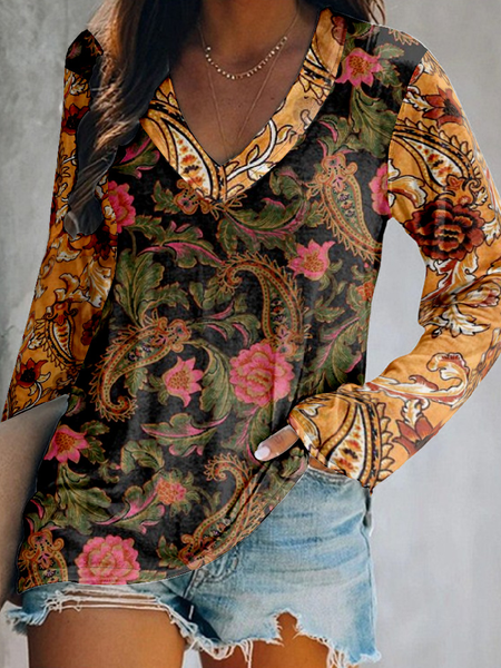 

Vintage Floral V Neck Long Sleeve T-shirt, As picture, T-shirts