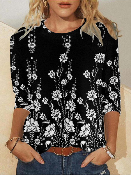 

Casual Floral Crew Neck Long Sleeve T-shirt, Black, T-shirts