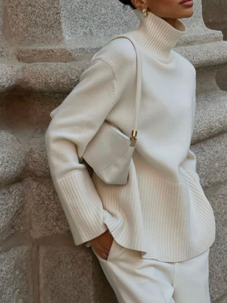 

Loose Plain Casual Sweater, White, Pullovers